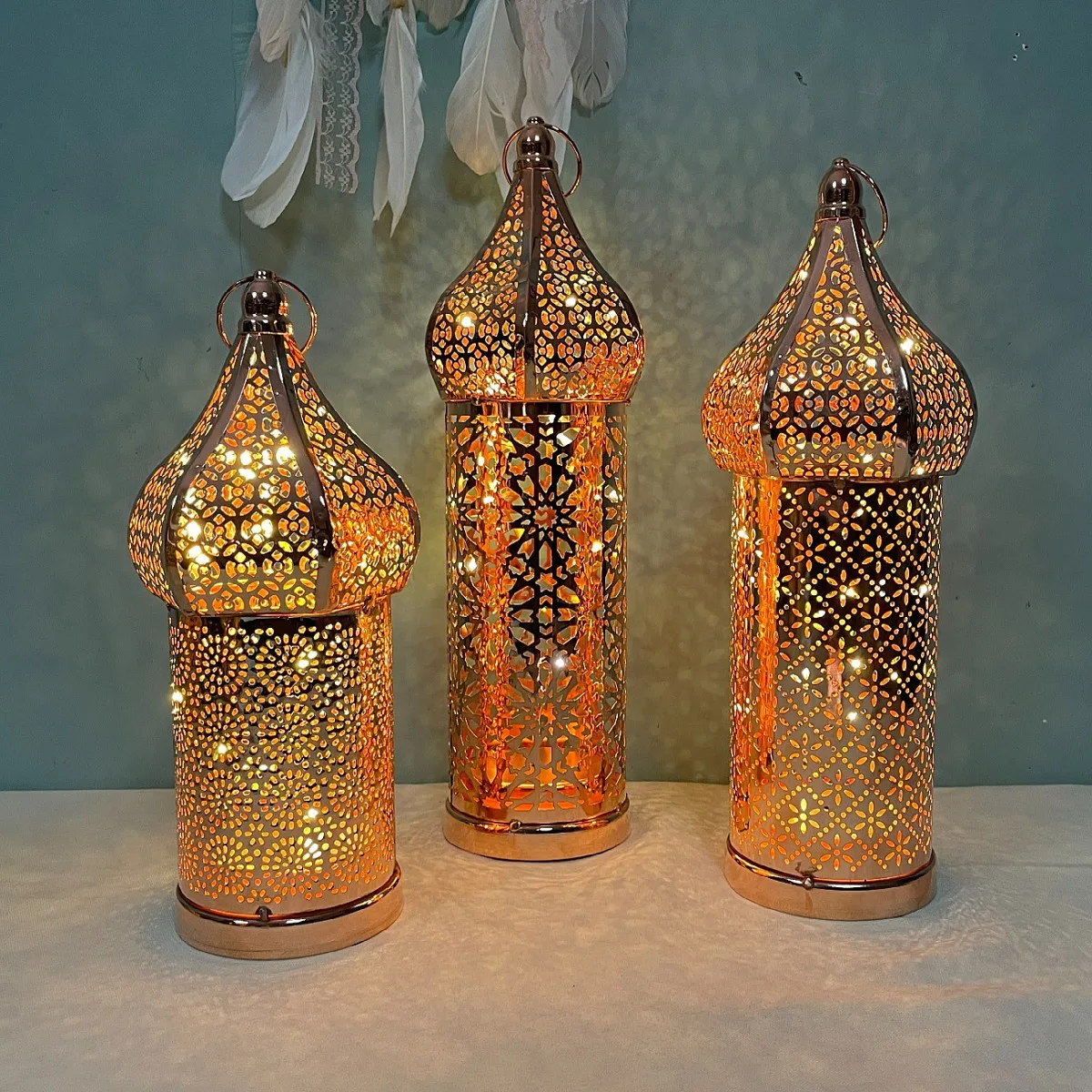 

White Hollow-out Led Wind Moroccan Style Decoration Iron Lantern Home Bedroom Living Room Atmosphere Surrounding Decorative lamp