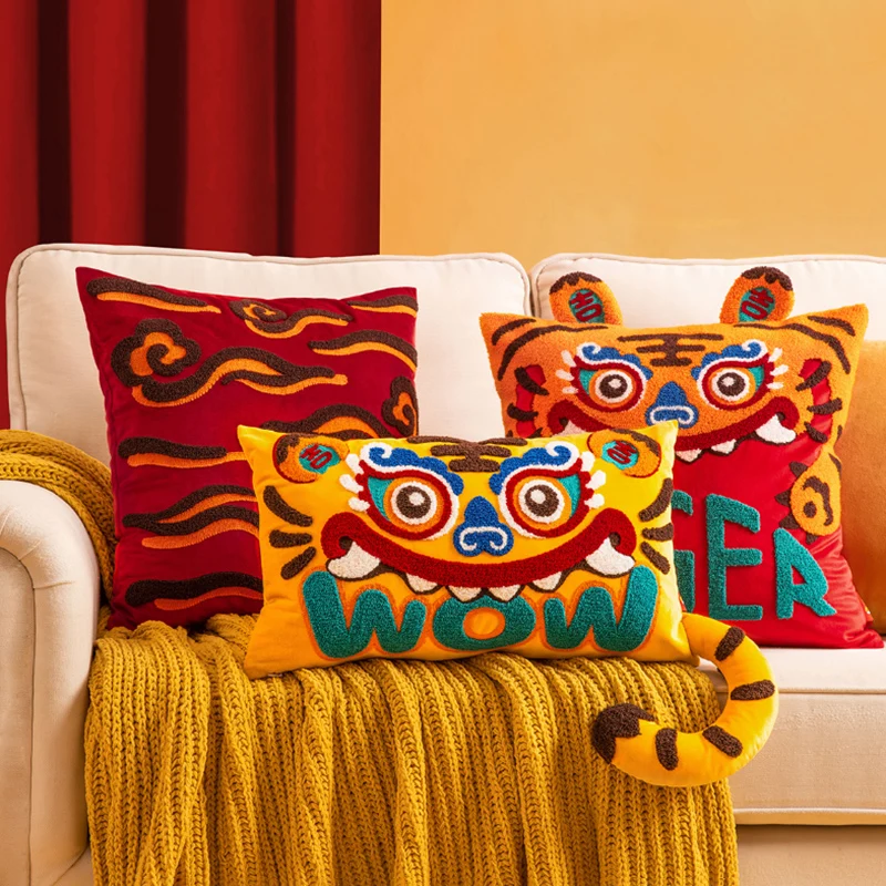 Joy Chinese Traditional Dance Lion Embroidery Cushion Year Of Tiger Sofa Chair Decorative Stuffed Pillow Happy Lucky Cushion 3