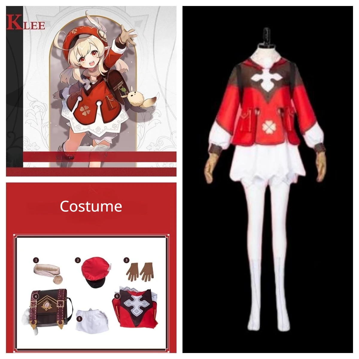 

Anime Game Genshin Impact Klee Cosplay Costume With Dress Hat Wig Shoes Halloween Carnival Comic Outfit for Kids Women