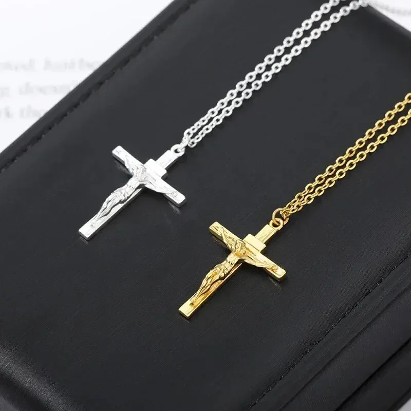 Metal Steel Cross Necklace Imitation Gold plated Religious Pendant Unisex Church Jewelry Gift Christian Jesus Cross Necklace