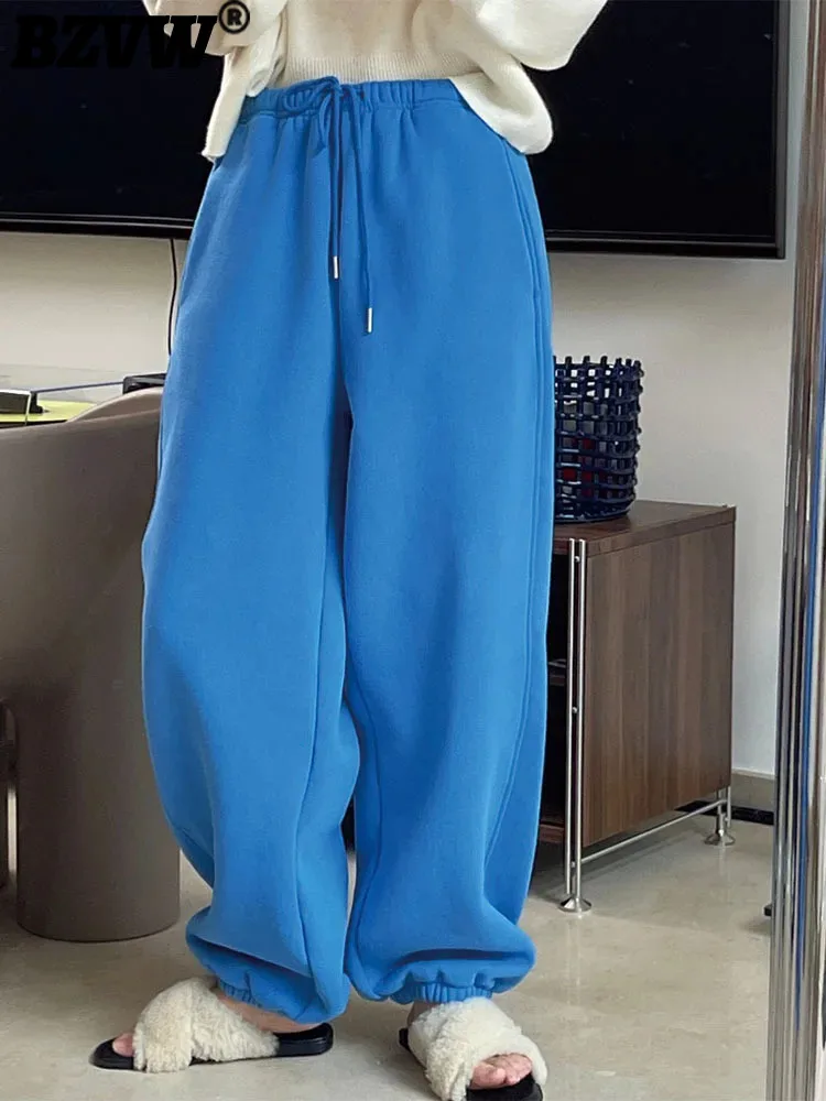 

BZVW Leisure Sports Pants For Women Loose Casual Elastic High Waist Drawstring Woolen Thick Trousers Winter New 2L1113