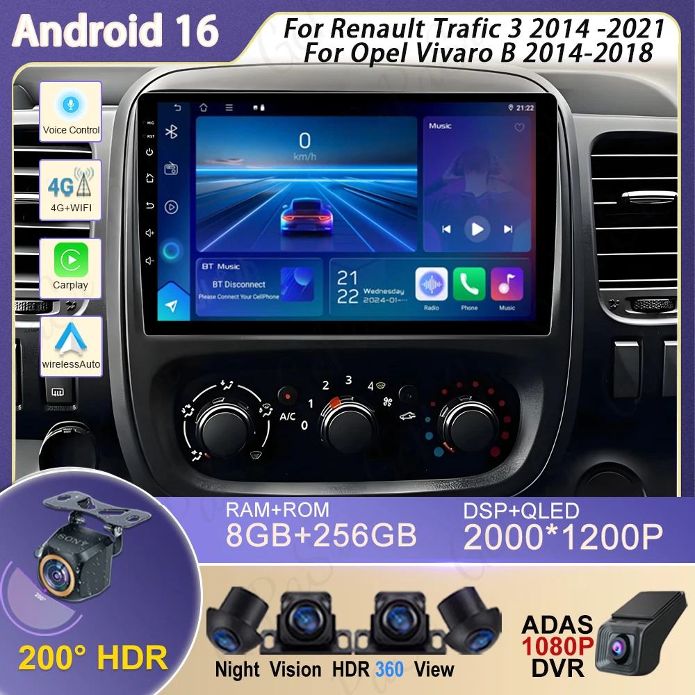 Radio Estéreo para Auto con Android 16 y Carplay de 9" para Renault Trafic 3 2014-2021 y Opel Vivaro B 2014-2018, Reproductor Multimedia con Navegación 1