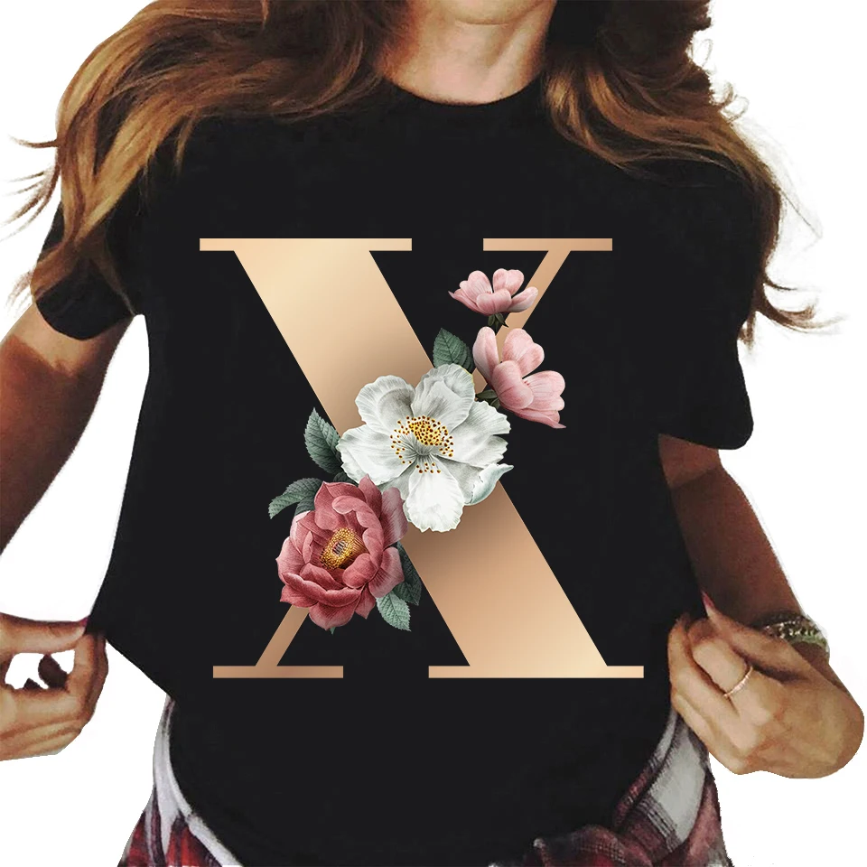 26 Floral alphabet font classic t shirt summer Fashion Harajuku Kawaii TShirt Women Top Tees Female graphic tees Tees