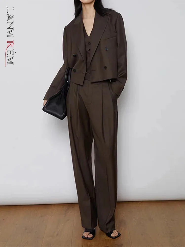 

[LANMREM] Fashion 3 Piece Sets Women Short Blazers Slim V Neck Vest High Waist Wide Leg Pants Office Lady 2024 New 26D9042