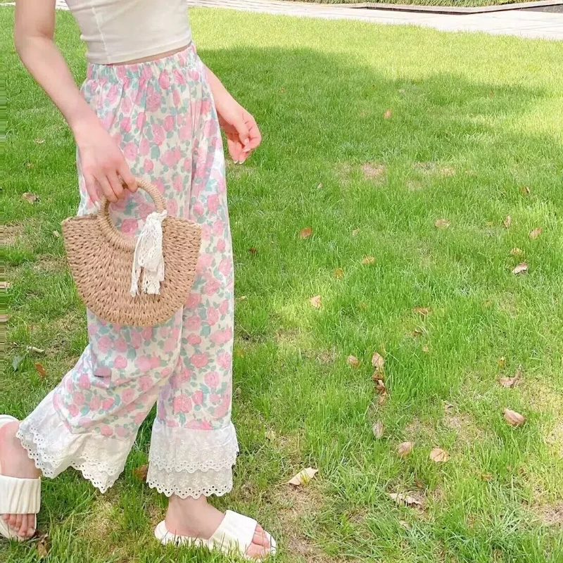 2024 Spring Summer New Women's Printed Spliced Lace Sleeping Pants High Waist Loose Sweet Casual Home Clothing Wide Leg Trousers