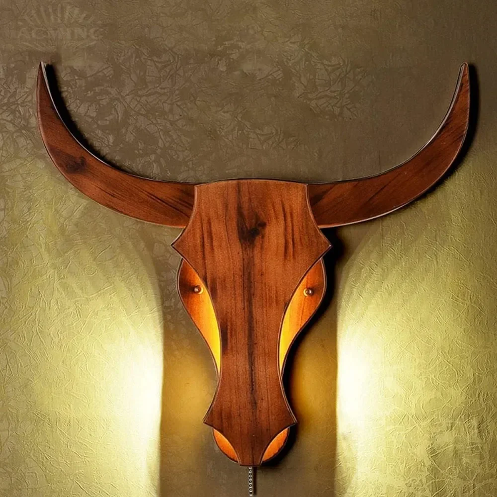 Vintage Wall Sconce Lamp 3 Color Temperatures Retro LED Industrial Wall Light Wood -Wall Sconce Lamp Ox Head Shape for Home Bar