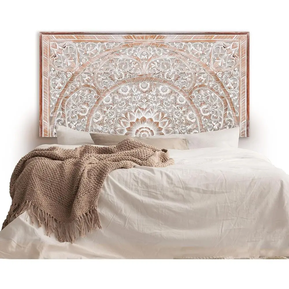 Whitewashed Queen Headboard Carved Wooden Wall Art Full-Size Bed Headboard Panel (Queen, Sumber, Antique)