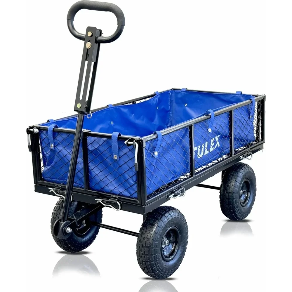 Heavy Duty 660 lbs Capacity Mesh Steel Garden Cart, Folding Utility Wagon with Removable Sides, Rubber Wheels, and Waterproof