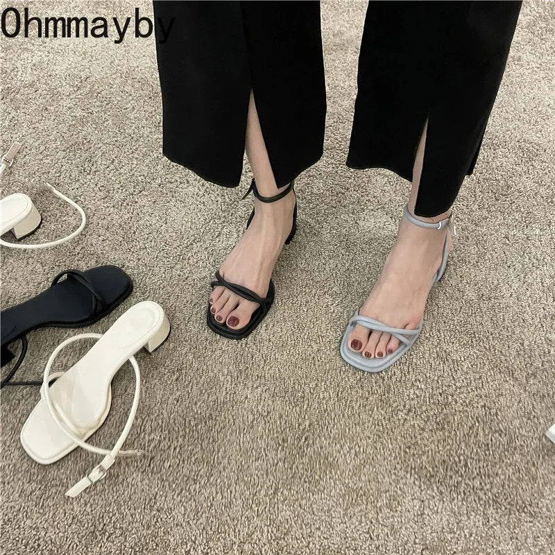 Women Sandals Summer Narrow Band Thick Heel Open Toe Ankle Strap Dress Pumps
