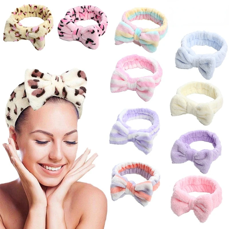 Stripe Polka Dots Leopard Coral Fleece Soft Headband Cross Top Knot Hairband Women Girls Wash Face Spa Headwear Accessori Per Capelli