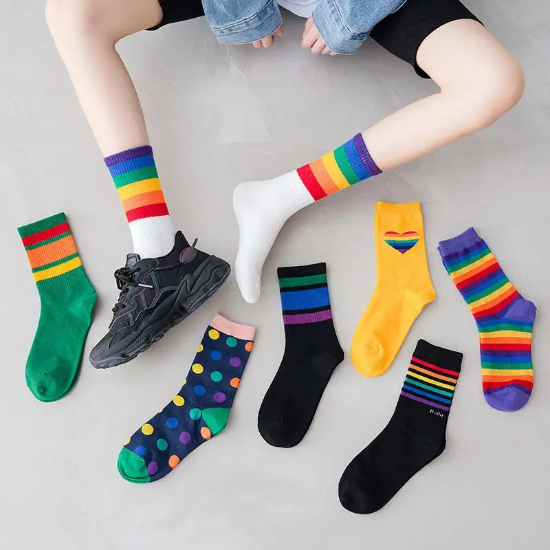 4 Pairs Women's Socks Cute Harajuku Warm Sock Simple Colorful Striped Short Socks Fashion Spring Autumn Women's Mid Tube Socks