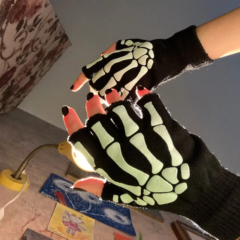 Unisex Adult Halloween Skeleton Skull Half Finger Gloves Glow in the Dark Fingerless Stretch Knitted Winter Mittens 5