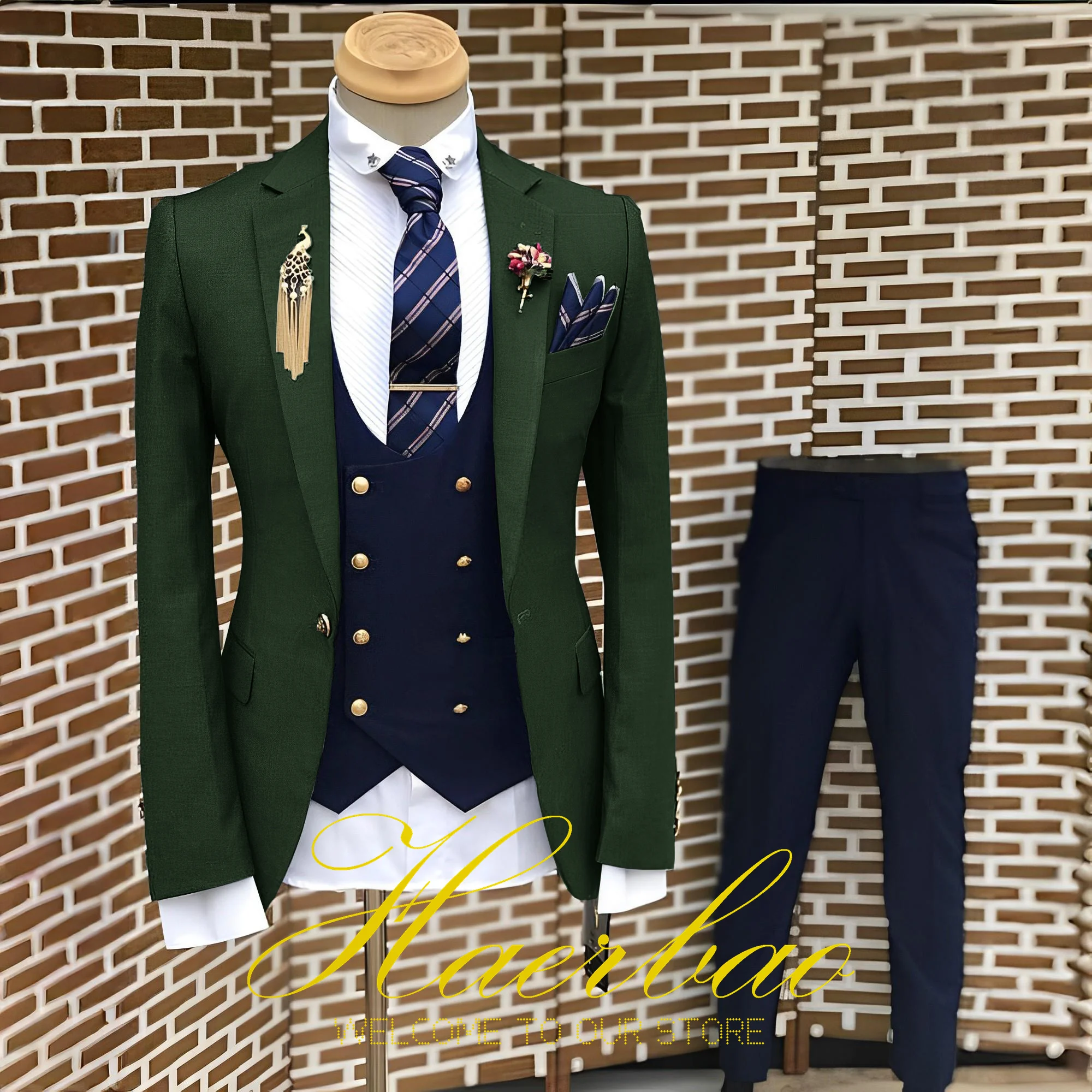 Men's Suit Business Jacket Navy Blue Vest Pants 3-Piece Set Slim Fit Wedding Tuxedo