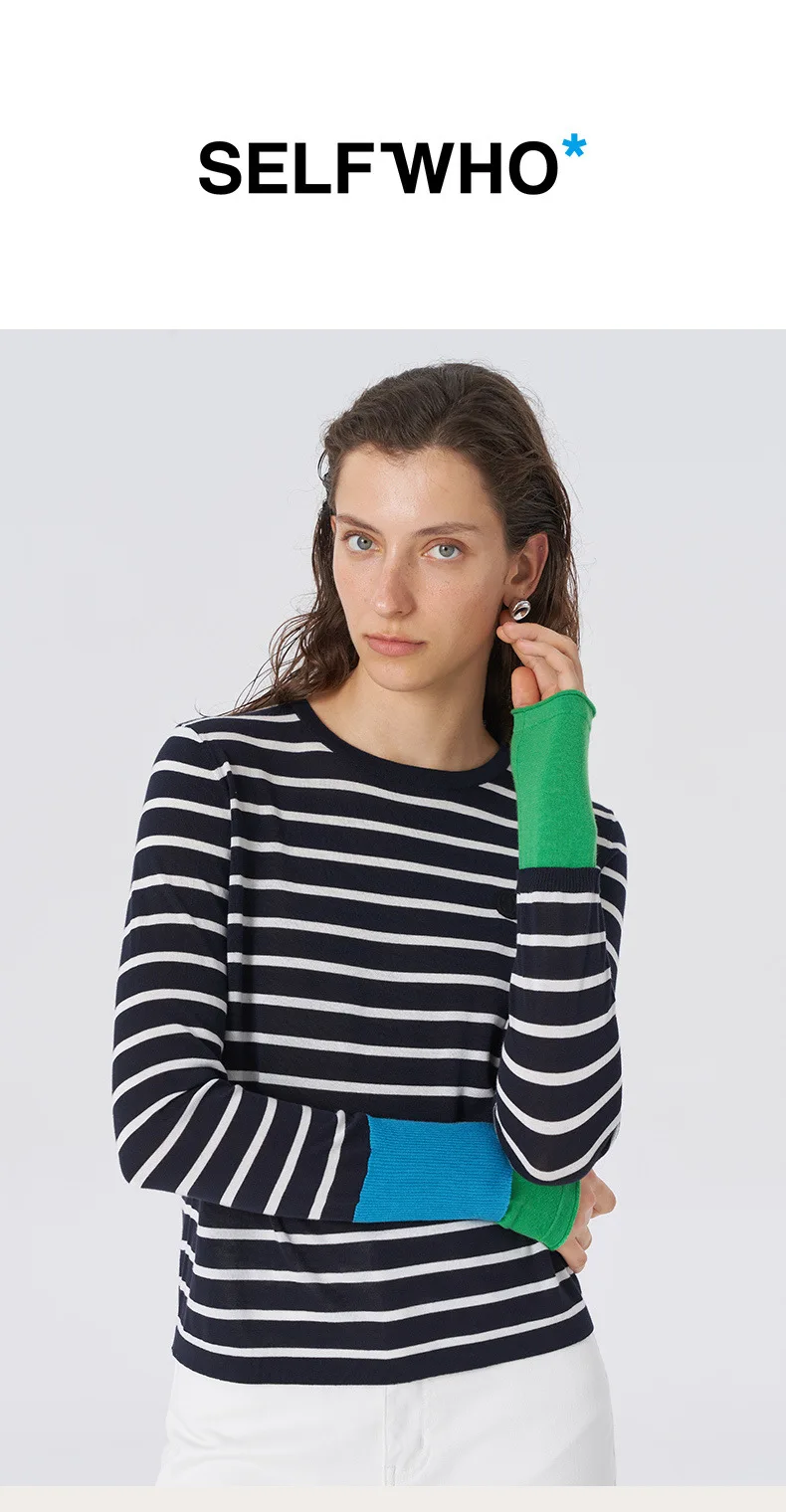 Women's New Pure Wool Soft Spliced Sweater Curled O-neck Striped Pullover Spring Autumn Casual Knit Fashion Top