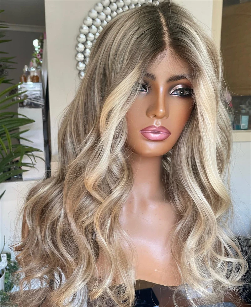 New Loose Wave Lady Women Lace Frontal Wigs Golden Blonde Rooted Wig Soft Synthetic Hair Swiss Lace Wig Glueless Easy to Wear