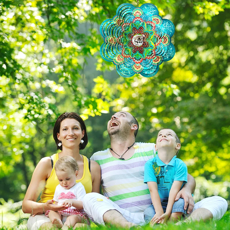 PSATHENATI Wind Spinner with Gazing Ball Christmas Decoration Room Garden Hanging Kinetic Yard Art 12in Blue Flower Mandala