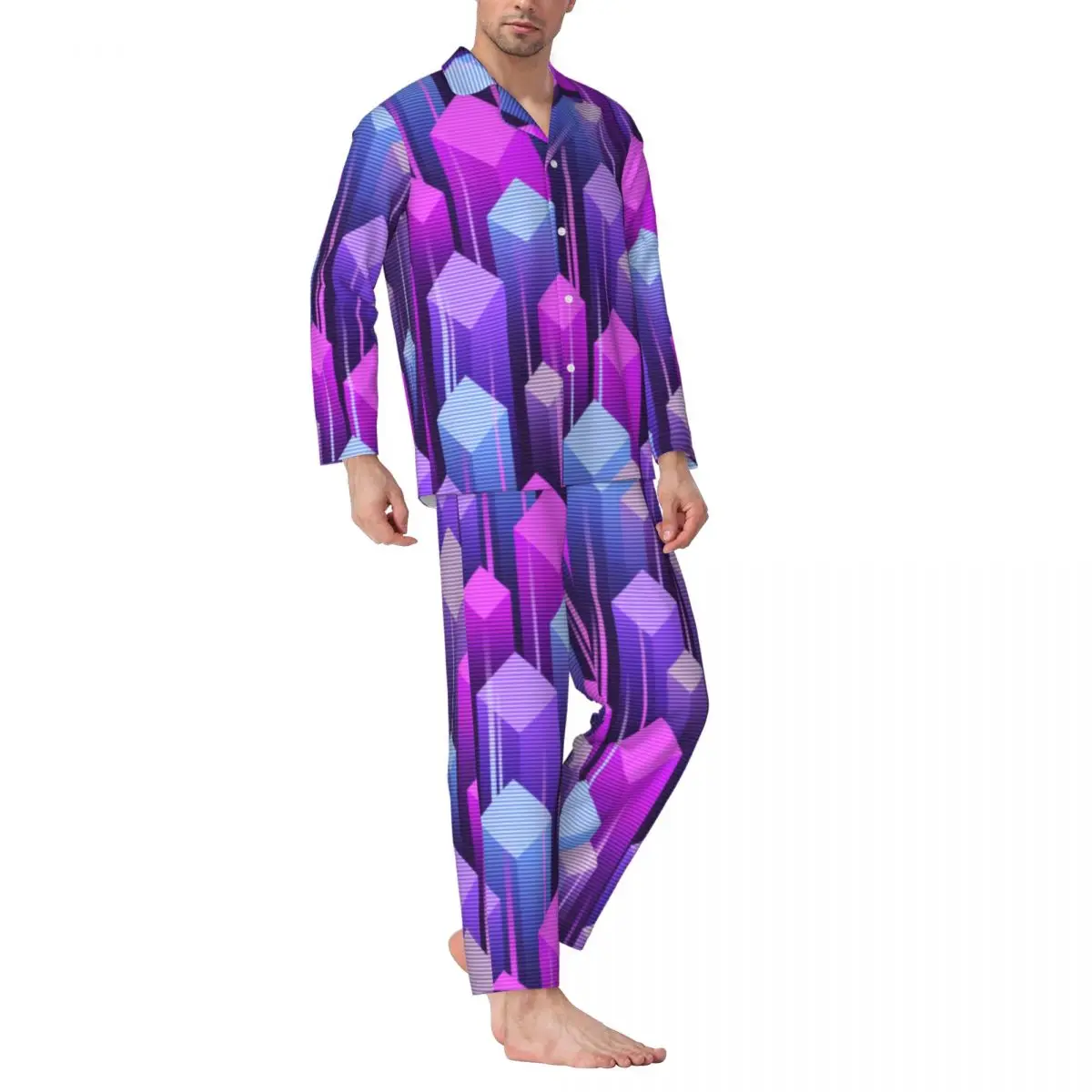 

Funky Pop Art Pajama Set 80s Abstract Geometric Warm Sleepwear Men Long Sleeves Casual Daily 2 Piece Home Suit Plus Size