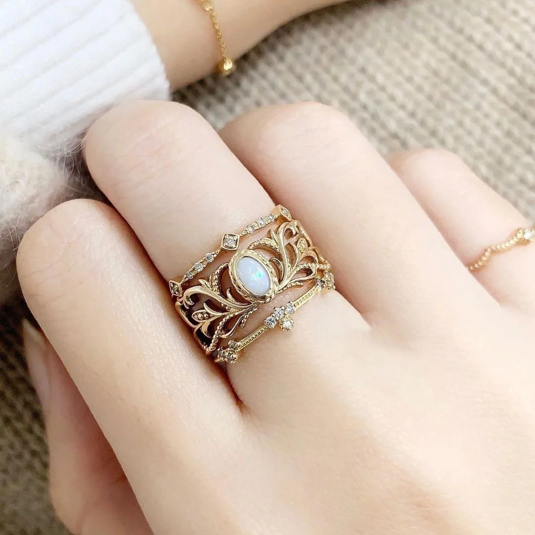 High Fashion 18K Gold Plated 14K Gold Filled Moonstone Opal Open Cocktail Ring 925 Silver Gemstone Wedding Finger Ring For Women