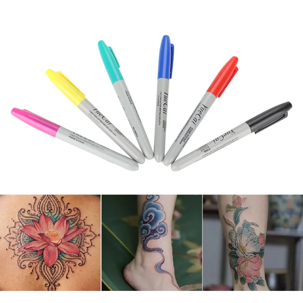 6Pcs/Set Tattoo Piercing Skin Marker Positioning Pen Permanent Makeup Body Art Beauty Marking Tool Tattoo Accessories Supply Pen 2pcs 20x30x0 3cm silicone blank double sides tattoo practice skin for permanent makeup practice skin tattoo accessories