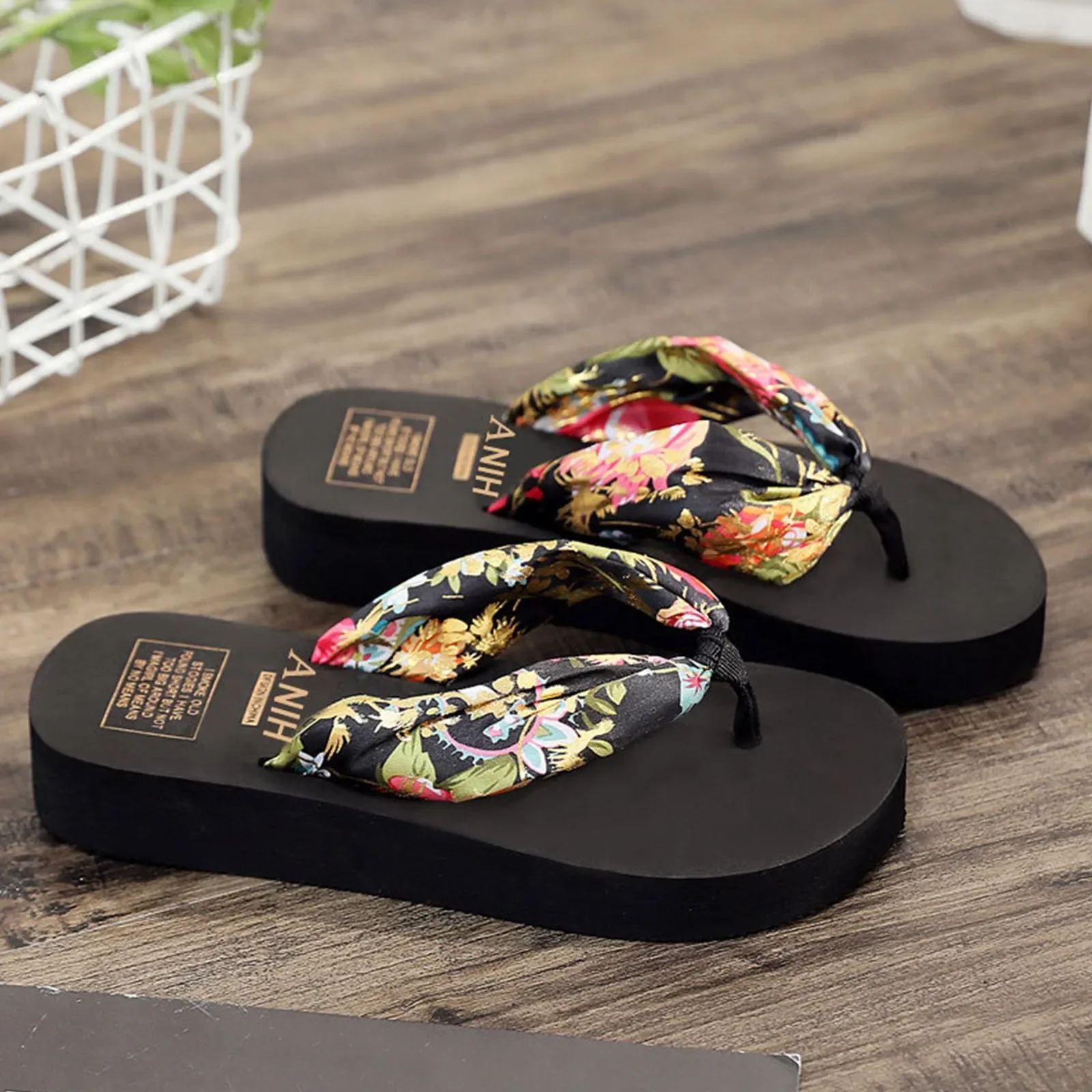 Summer Floral Printing Slippers Women Bohemian Satin Strap Platform Wedge Flip Flops Outdoor Thick Bottom Beach Shoes beach slippers women slippers women flip flops flip flops