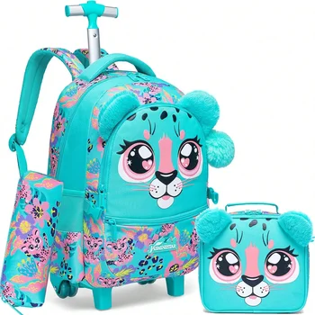 3PCS Rolling Backpack for Girls Backpacks with Wheels for Elementary Students 3 in 1 Carry on Luggage Bag Kids Travel Suitcase 1