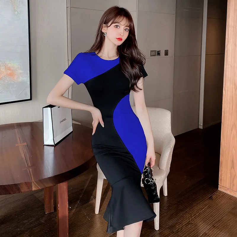 

2022 Summer Short Sleeve Vintage Woman Elegant Bandage Dress High End Women's Fashion Contrast Dresses Sexy Party Vestidos
