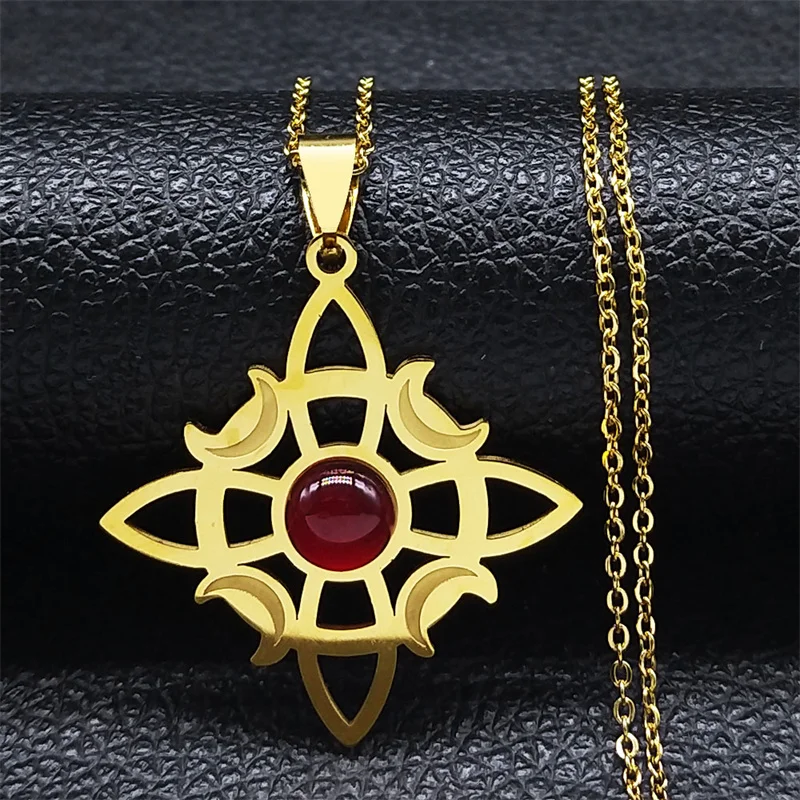 Neue Keltische Knoten Crescent Mond Anhänger Halskette für Frauen Rot Stein Edelstahl Viking Halskette Mode Hexe Knoten Schmuck – Detail 3