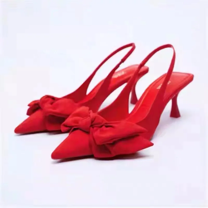

Meotina Women Slingbacks Shoes Thin Heels Pointed Toe Pumps Bow High Heel Elegant Fashion Lady Footwear Spring Black Red 35-42