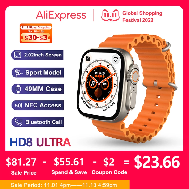Smart Watch HD8 Ultra 49mm Case NFC Door Access IP68 Waterproof