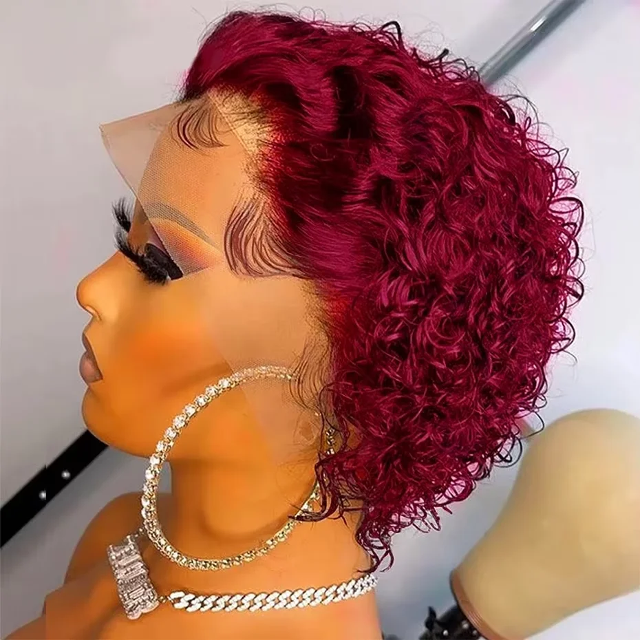 4/27 99j 4# Pixie Cut Wig Curly Human Hair 13x1 Lace Frontal Wigs Human Hair Short Bob Human Hair Wigs Lace Front Wigs For