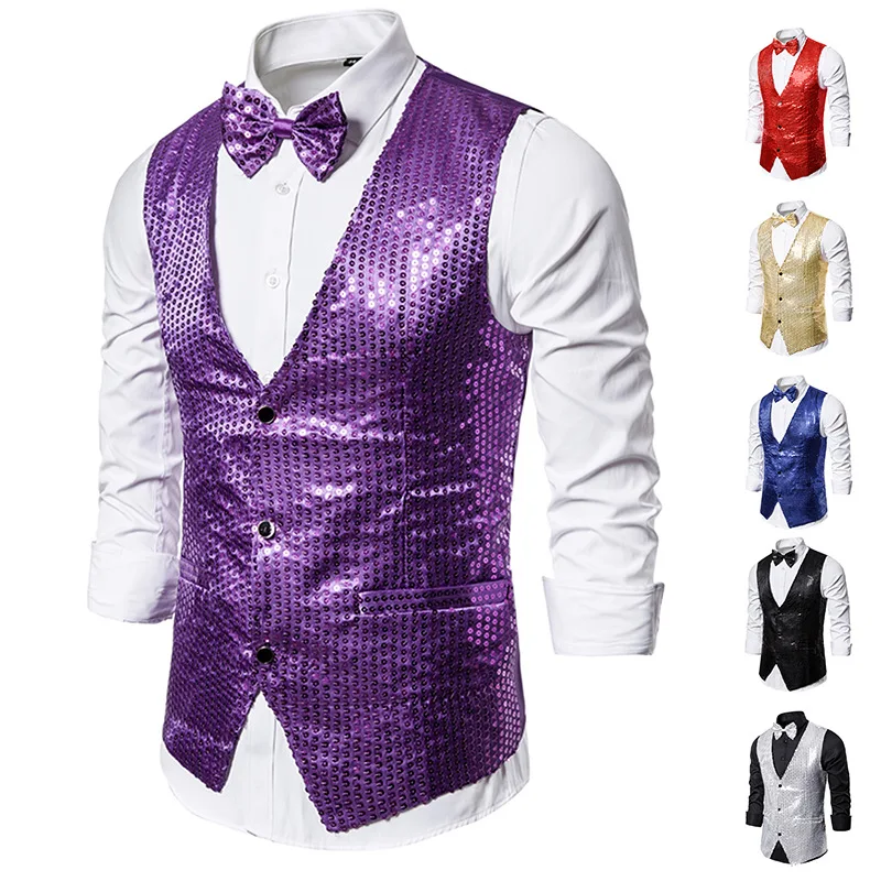 Sleeveless Vests for Men Paillette Homme Steampunk Shiny Gold Sequin 2 Pieces Mens Vest with Bowtie Party Stage Prom Waistcoat 2