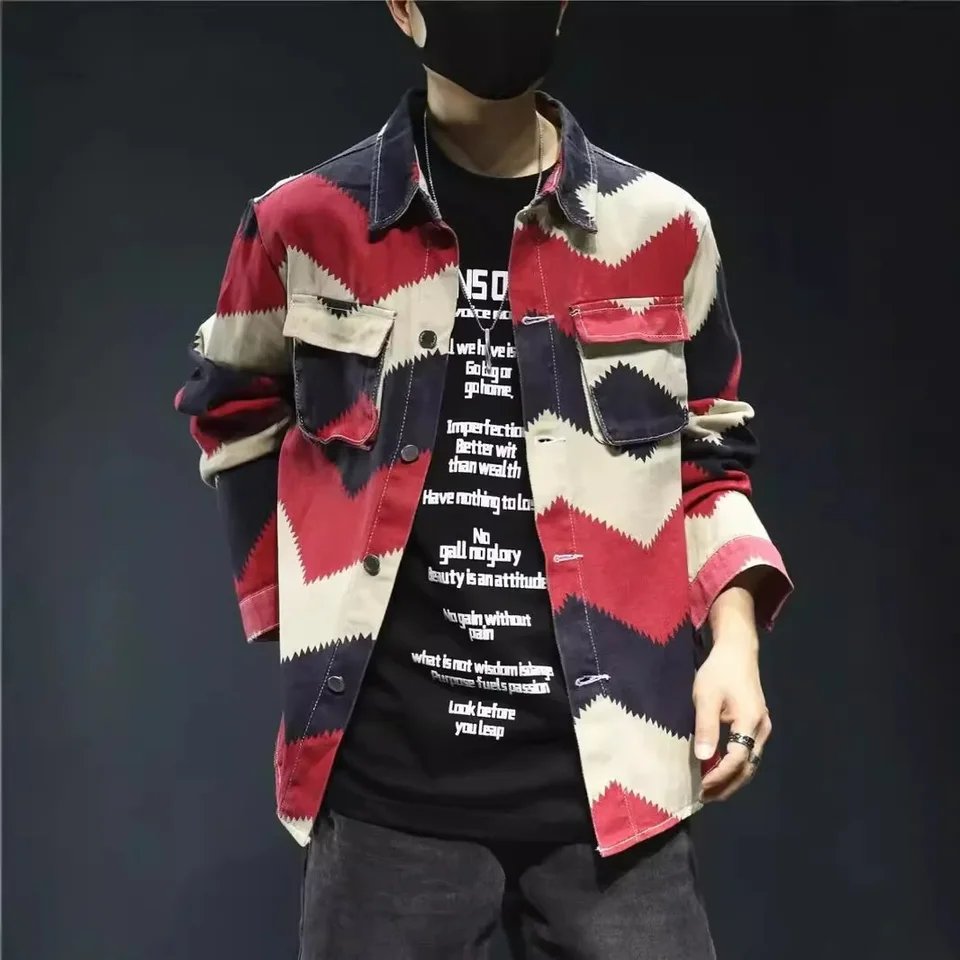 남성용 트렌디 데님 재킷, 루즈핏 컬러 블록 디자인, 감각적인 스타일, 긴팔 라펠 가디건, 젊음 패션