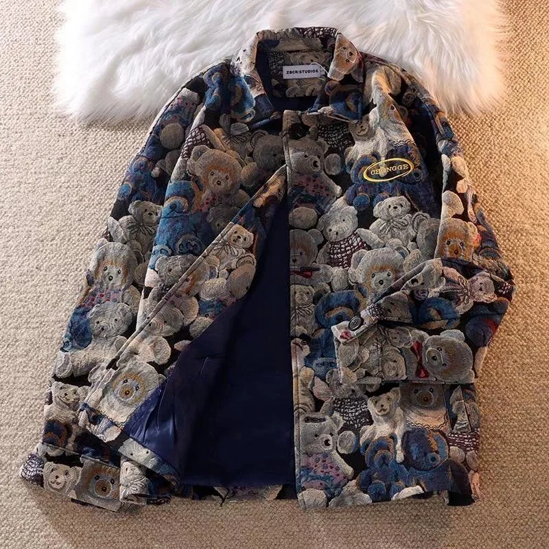 Autumn and Winter Fashion Casual Cute Bear Print Lapel Jacket for Men and Women Single-breasted Jacket 2024 New Women Clothing