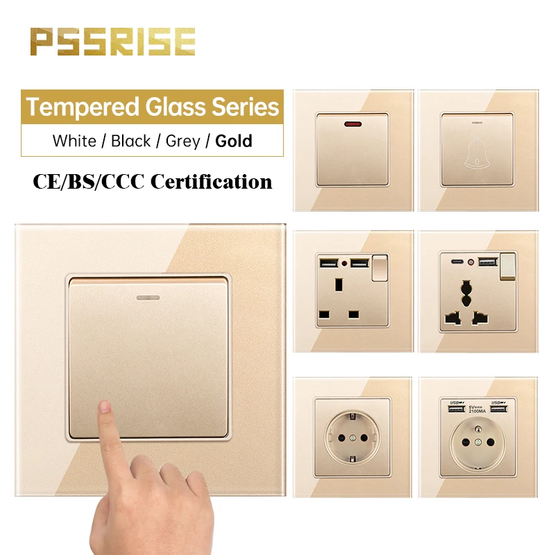 Pssrise G11 ue fr ru uk Tomada Interruptor de Parede com 5v 2.1a Tipo-c Usb Carregador Rápido Painel de Vidro Temperado Interruptor de Luz Tomada de Energia