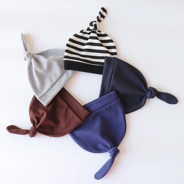 Adjustable Baby Hat Unisex Stripe Solid Color Cute Cap Soft Cotton Knot Beanies Photography Props for 0-6M Toddler Girls Newborn 1