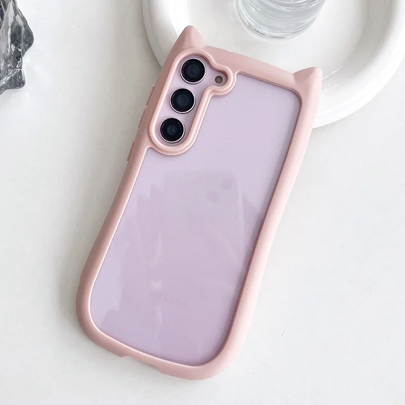 Cute Cat Ear Transparent Case For Samsung Galaxy S26 Ultra S26 S25 S24 S23 Plus S26 EDGE Soft Border Shockproof Cover S26