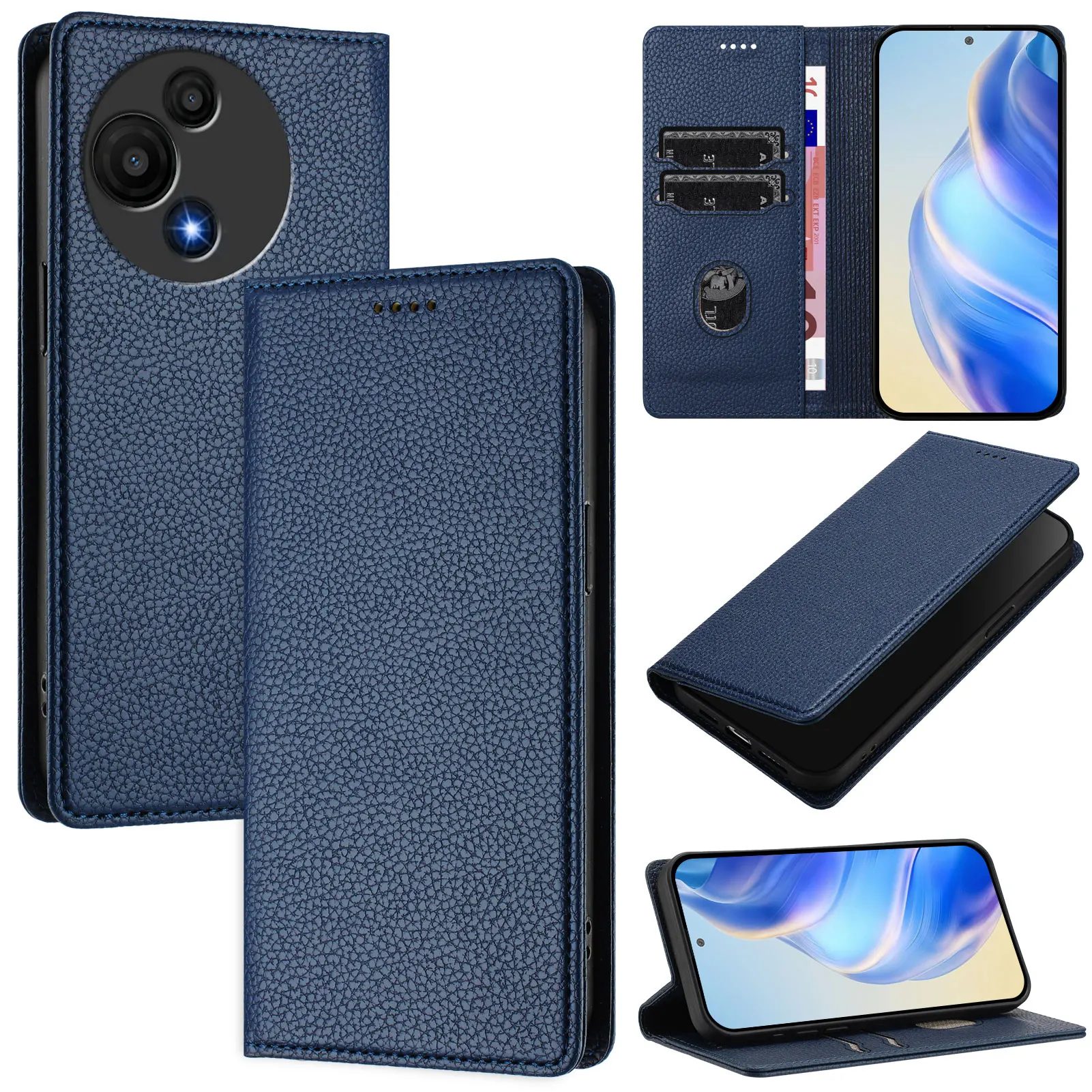 Leather Flip Wallet Case with Strong Magnetic Back, Stand, and Card Holder