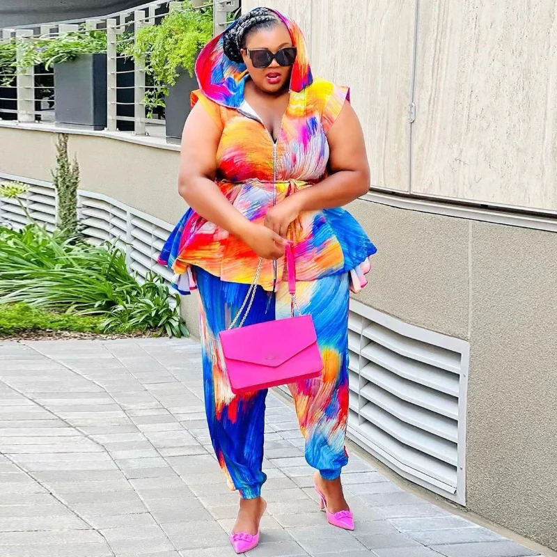

WUHE Plus Size Tie Dye Women's Set Hooded Zipper Fly Flare Tops and Jogger Pants 2023 Two 2 Piece Set Outfit Summer Tracksuit