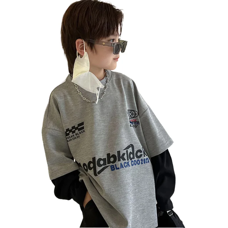 

Children's T-shirt Full three-dimensional Pressure Glue Waffle Cotton Children's Fake Two long sleeve Base Shirt