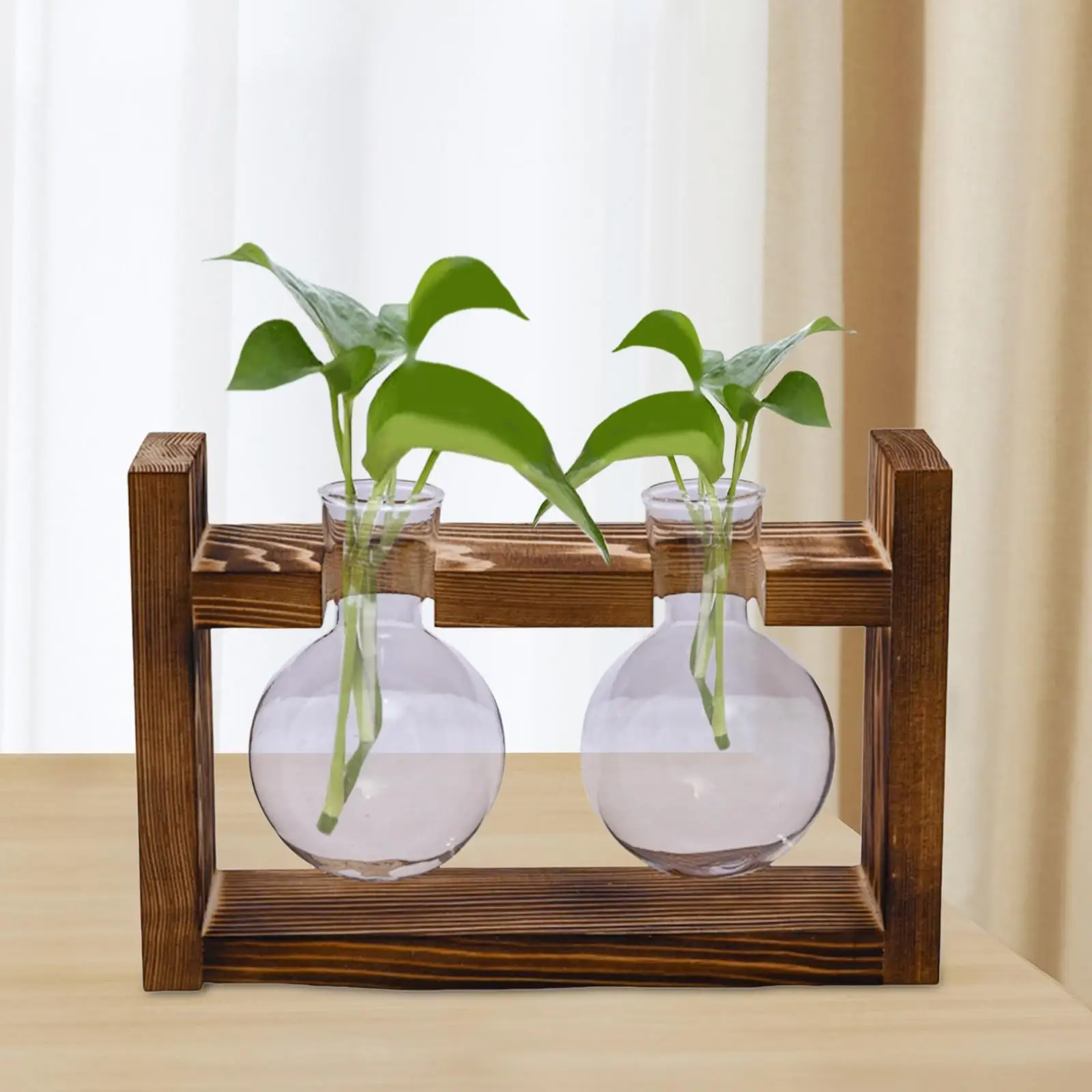Terrarium Glass Planter with Wood Stand Flower Vase for Shelf, Bedside