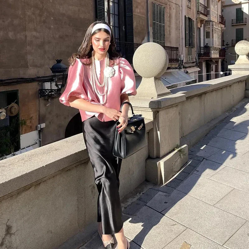 Elegant Satin Puff Short Sleeve Top Women Loose Solid Buckle O-neck Shirts Female 2025 Spring Summer Fashion Office Lady Outwear