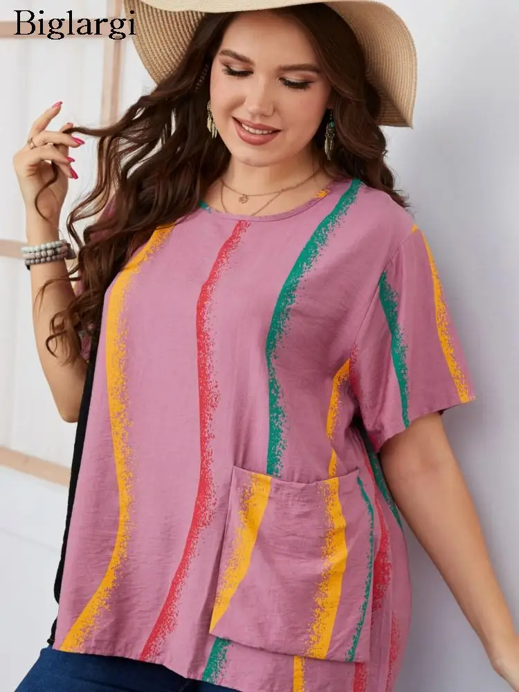 

Plus Size Summer Tops Women Pink Striped Print Casual Ladies Blouses Loose Fashion Woman Tops 2023