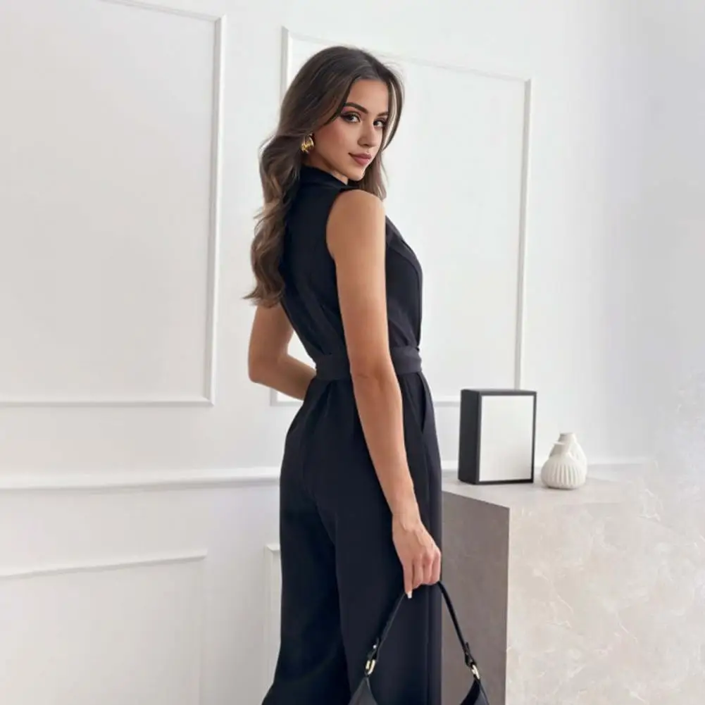 

Women Business Jumpsuit Elegant Women's Lace-up Deep V Neck Sleeveless Jumpsuit Stylish Office Wear with Slim Waist Wide Leg
