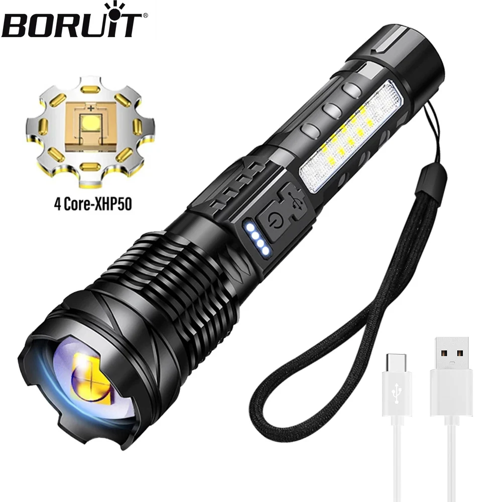 

BORUiT 30W Powerful LED Flashlight 2000LM USB Rechargeable Portable Telescopic Zoom Torch With Side Light for Camping Fishing