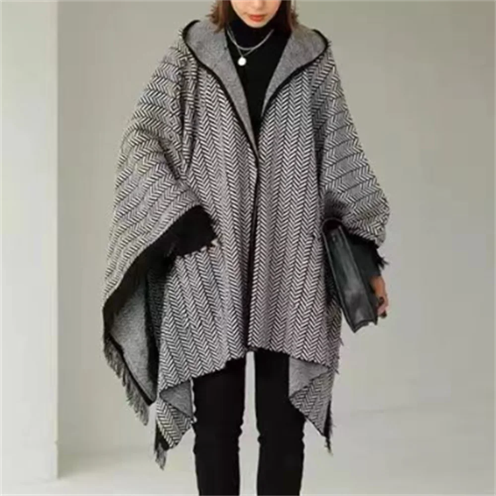 

Длинный свободный Модный женский свитер, плащ, шаль, пальто с капюшоном