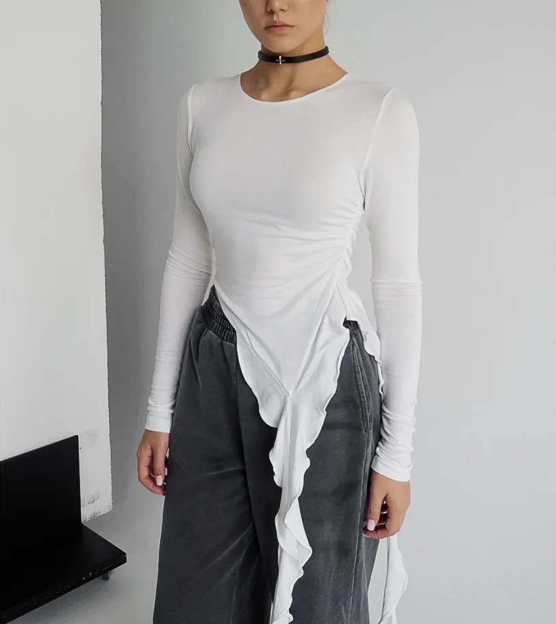 White Knit Slim T-shirt Pullover Female Ruffled Patchwork See-Through Long Sleeve Y2k Sexy Inner Top Women's Knitwear Tee