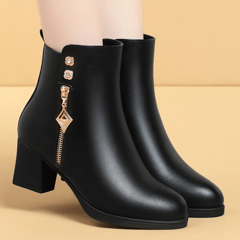 Women Boots Women Winter High Heels Zipper Shoes Genuine Leather High Heeled Ankle Boots Thick Plush Winter Women's Snow Boots