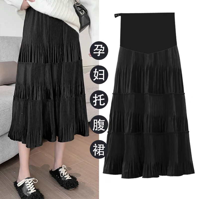 Pregnant Women New Autumn Winter Casual Skirt Simple Fashion Solid Color All-match Pleated Slim A-line Skirt Maternity Clothing
