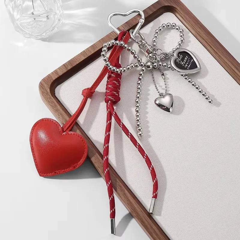 Trendy Leather Heart Bow Keychain Beaded Keyring Car Key Holder Bag Pendant Decoration for Girls Gift Purse Accessories