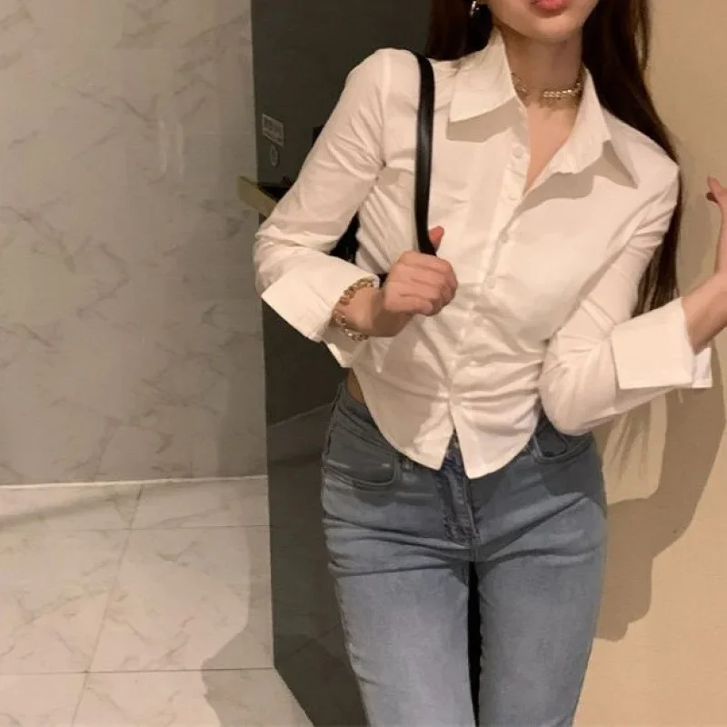 White Shirts Women Korean Style Buttons Folds Slim Fit Crop Tops Female All-Match Daily Design Office Long Sleeve Blouses